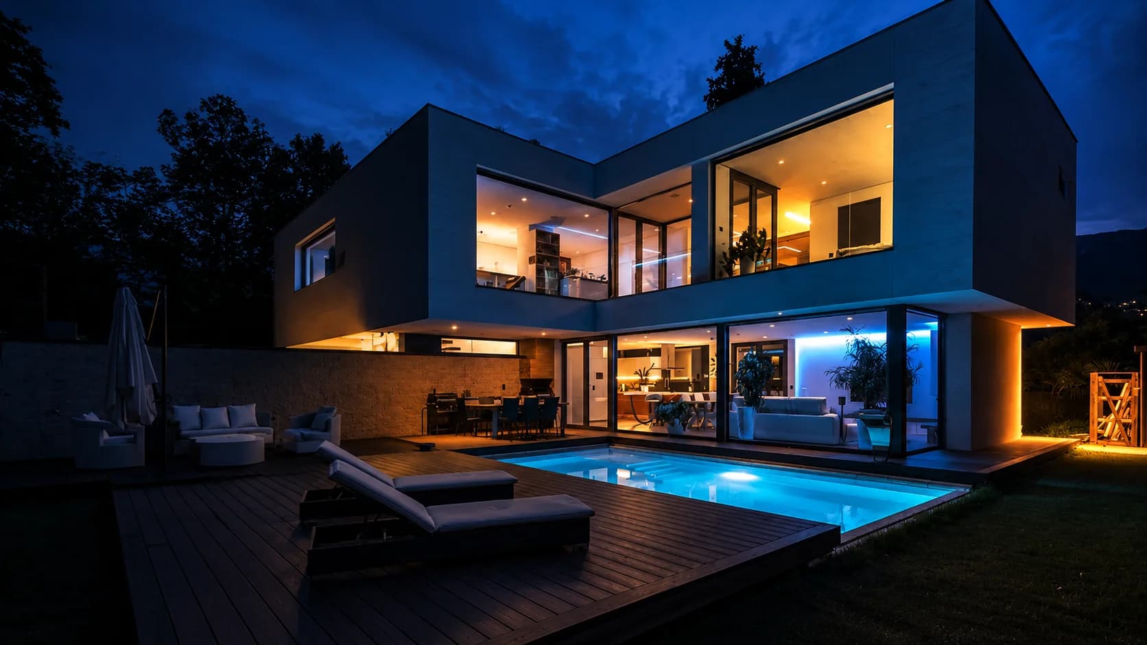 Residenza contemporanea al crepuscolo, con facciata vetrata e sistemi dell'edificio visibili